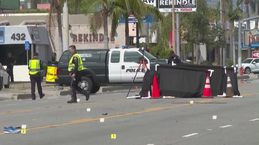 The victim's shoe is seen in the roadway after a driver with multiple DUI convictions struck and killed a pedestrian in Orange on March 12, 2024. (KTLA)