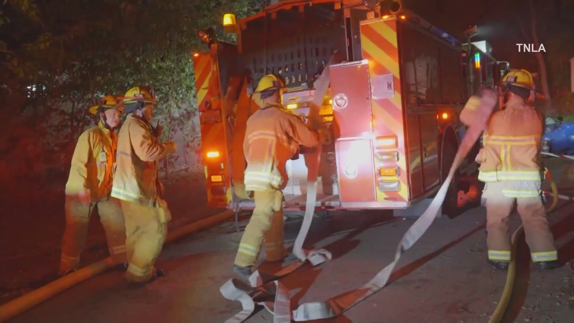 Nearly 100 firefighters battled a massive blaze that destroyed Cara Delevingne's Studio City home on March 15, 2024. (TNLA)