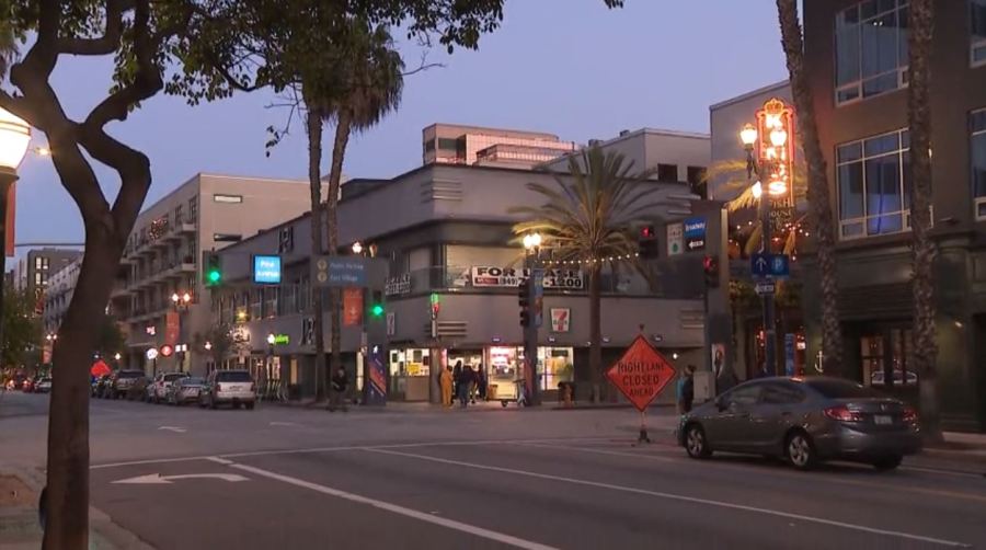 Area near Broadway and Pine Avenue in Long Beach where an an elderly woman was robbed on March 11, 2024. (KTLA)