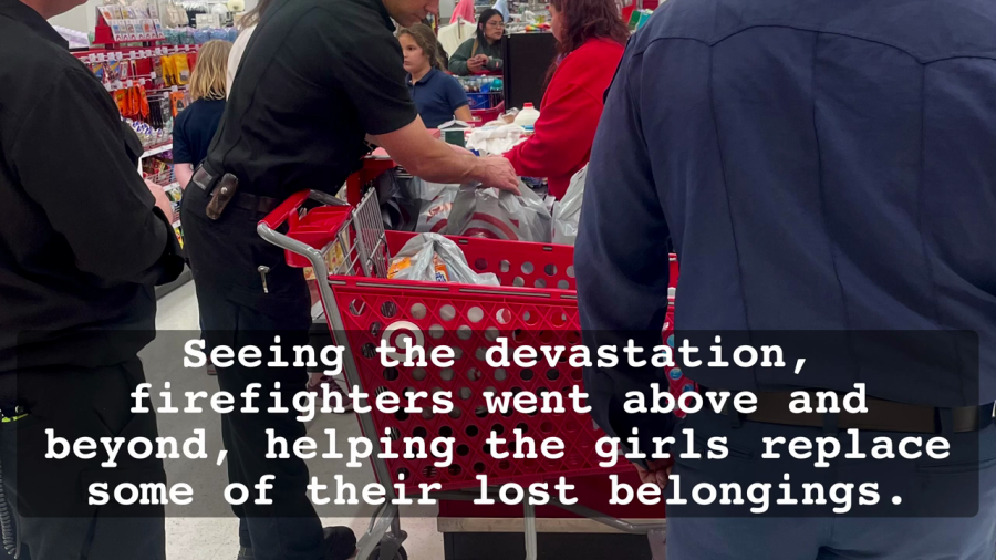 A group of unnamed Los Angeles firefighters took two twin girls shopping at Target after their home caught fire on March 7, 2024. (Los Angeles Fire Department)