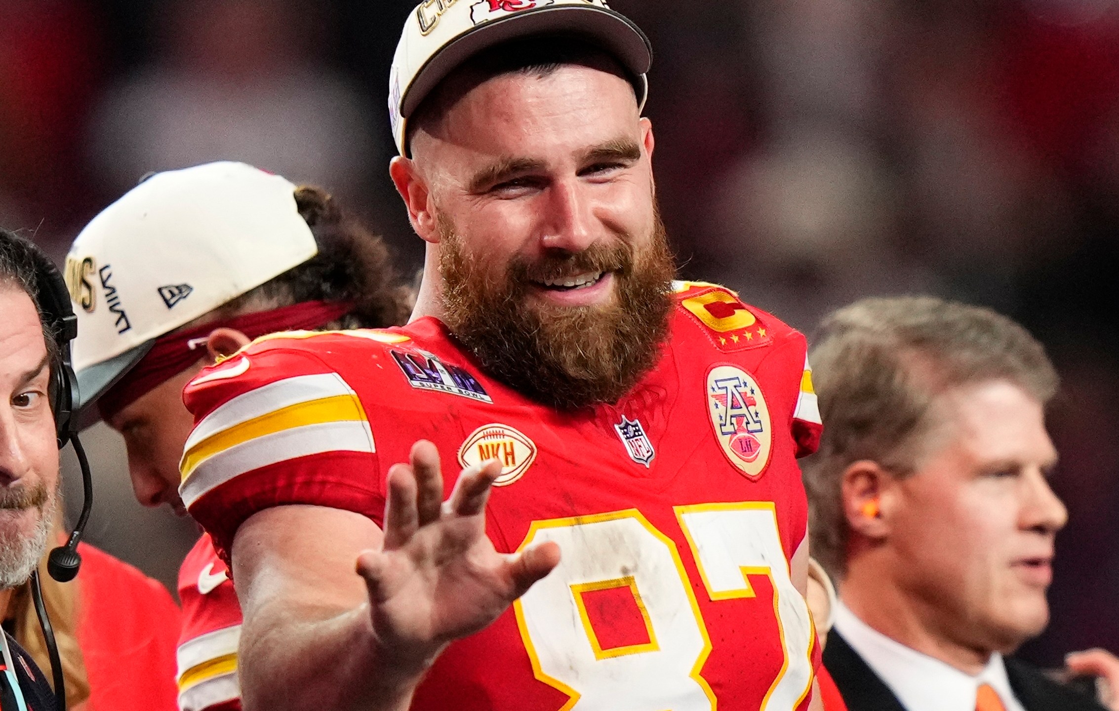 FILE - Kansas City Chiefs tight end Travis Kelce (87) waves after the NFL Super Bowl 58 football game against the San Francisco 49ers Sunday, Feb. 11, 2024, in Las Vegas. Kelce will bring his highly successful music festival called Kelce Jam back to Kansas City. The second annual one-day event held on May 18 will be hosted by the superstar tight end of the Chiefs and headlined by Lil Wayne, 2 Chainz, Diplo and local legend Tech N9ne. (AP Photo/Frank Franklin II, File)