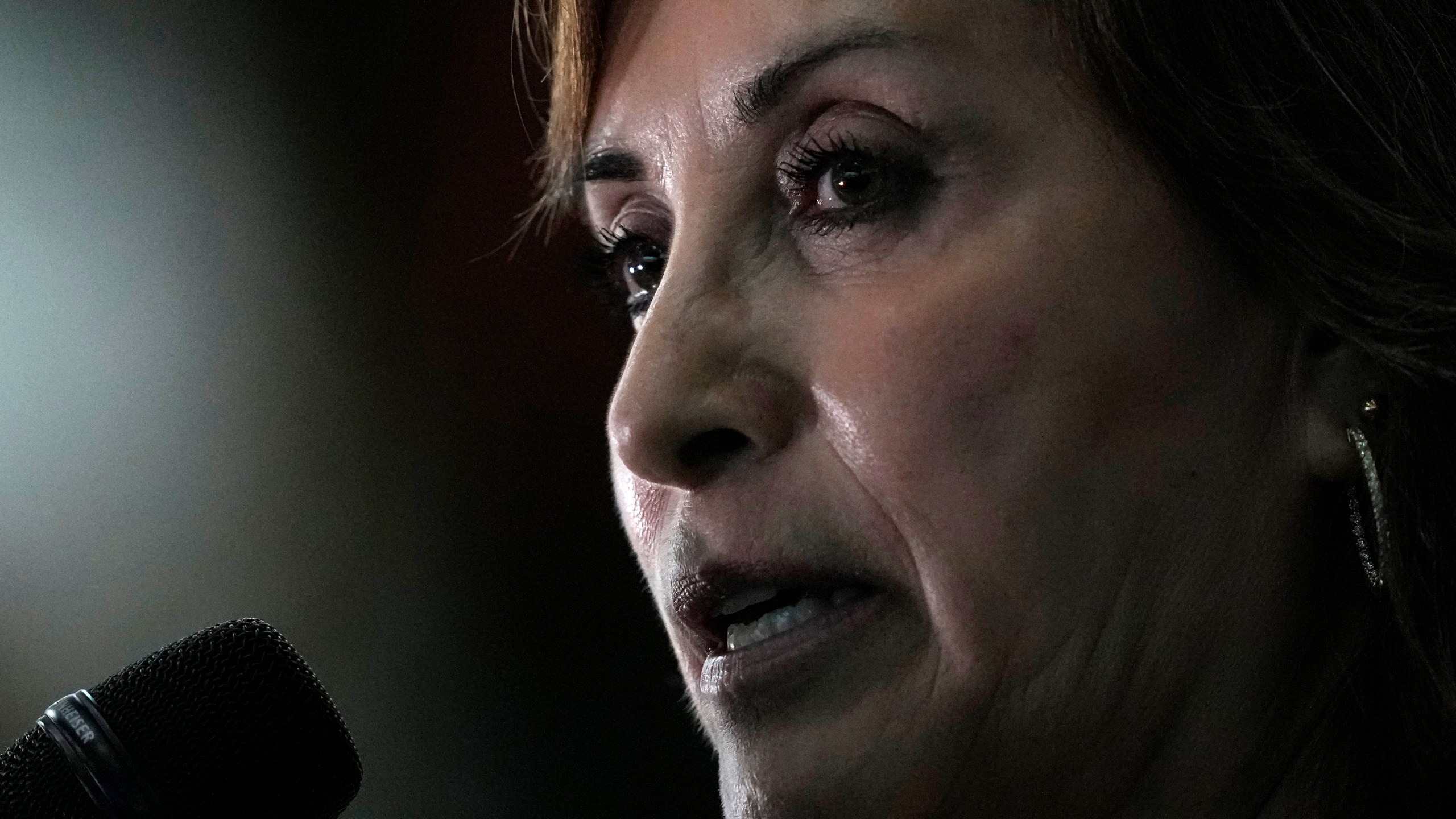 FILE - Peru's President Dina Boluarte talks to the press at the end of the Amazon Summit in Belem, Brazil, Aug. 8, 2023. (AP Photo/Eraldo Peres, File)