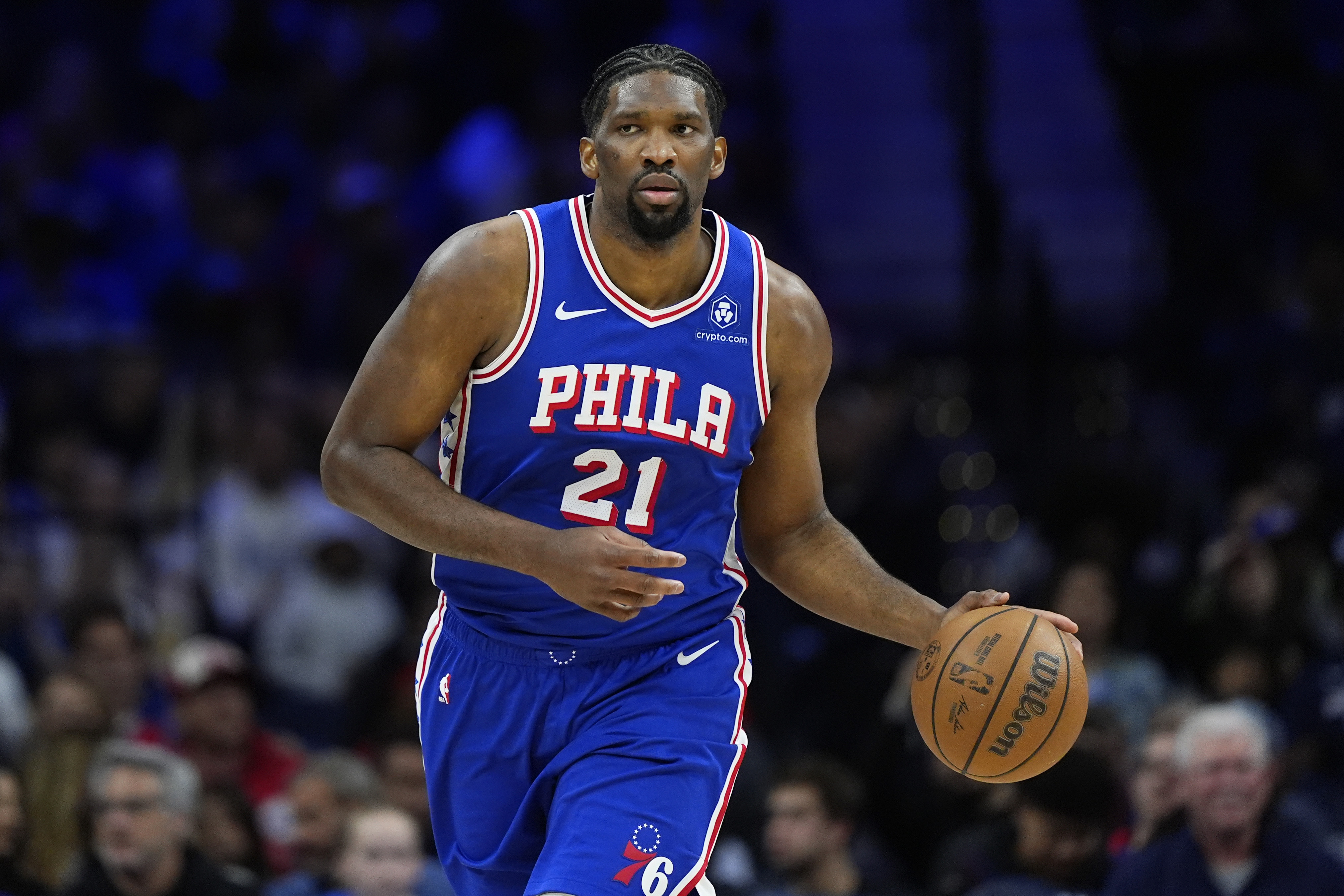 Philadelphia 76ers' Joel Embiid dribbles down the court during the first half of an NBA basketball game against the Oklahoma City Thunder, Tuesday, April 2, 2024, in Philadelphia. (AP Photo/Matt Slocum)