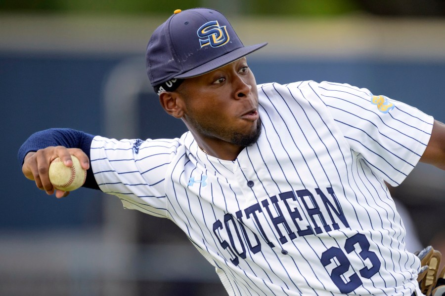 FILE - Southern's Ryan Ollison (23) throws during an NCAA college baseball game, Friday, March 31, 2023, in Baton Rouge La. Southern University recorded the biggest upset of the college baseball season with its 12-7 victory over defending national champion LSU on Monday night, April 1, 2024. (AP Photo/Matthew Hinton, File)