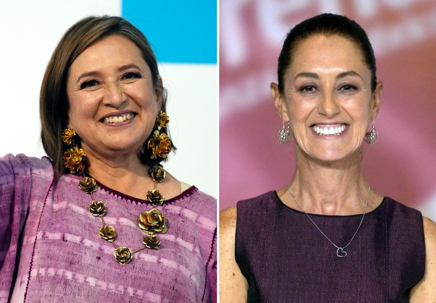 FILES - This combination of two file photos shows Xochitl Galvez, at left, arriving to register her name as a presidential candidate on July 4, 2023 in Mexico City, and at right, Claudia Sheinbaum at an event that presented her as her party's presidential nominee on Sept. 6, 2023 in Mexico City. (AP Photo/Fernando Llano, Files)