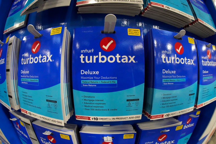 FILE - TurboTax is displayed in a Costco warehouse in Pittsburgh on Jan. 26, 2023. It's tax season in the U.S., and for many people, filing tax returns can be a daunting task that's often left until the last minute. (AP Photo/Gene J. Puskar, File)