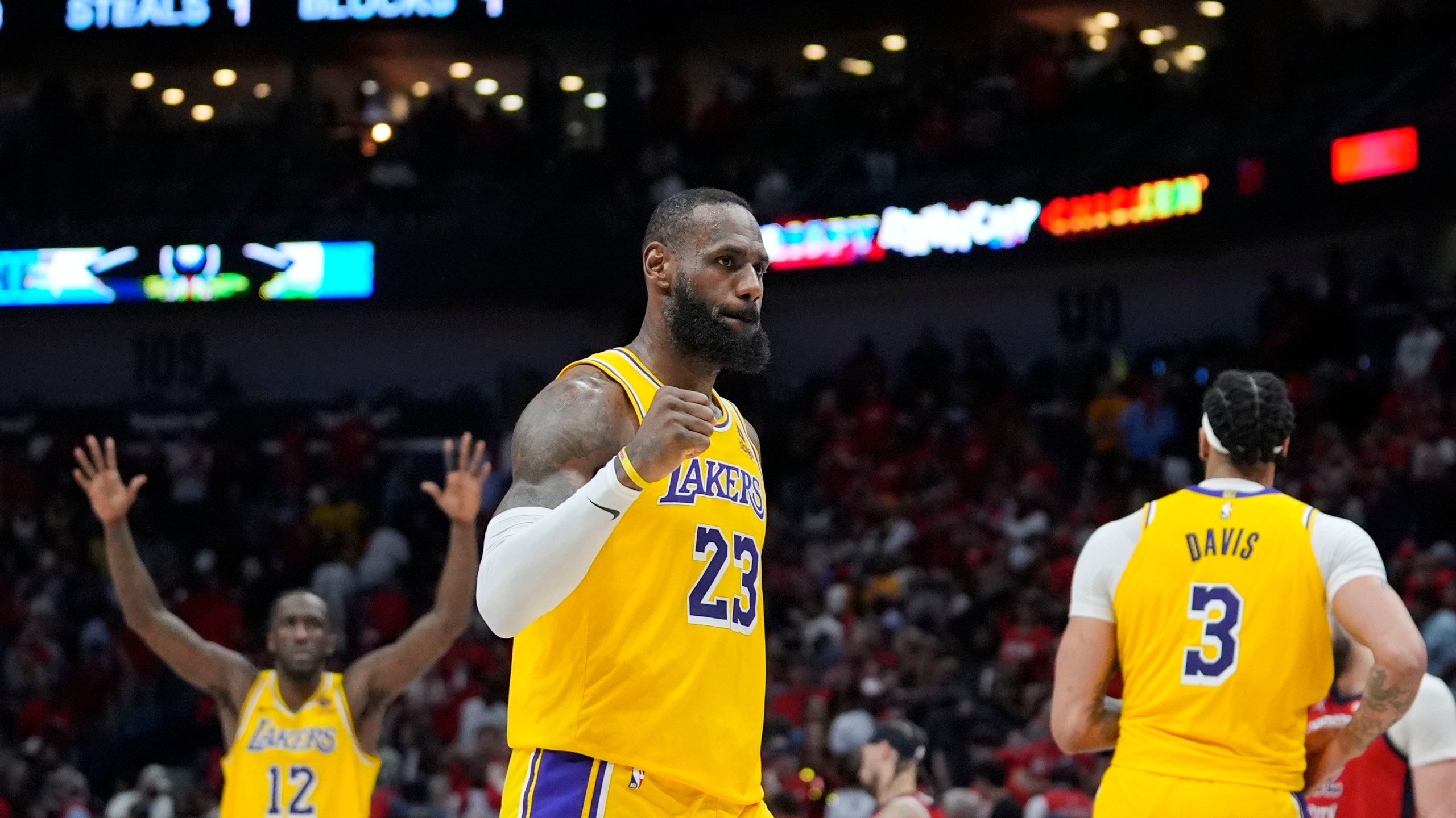 Los Angeles Lakers forward LeBron James (23) reacts late in the second half of an NBA basketball play-in tournament game against the New Orleans Pelicans Tuesday, April 16, 2024, in New Orleans. The Lakers won 110-106. (AP Photo/Gerald Herbert)