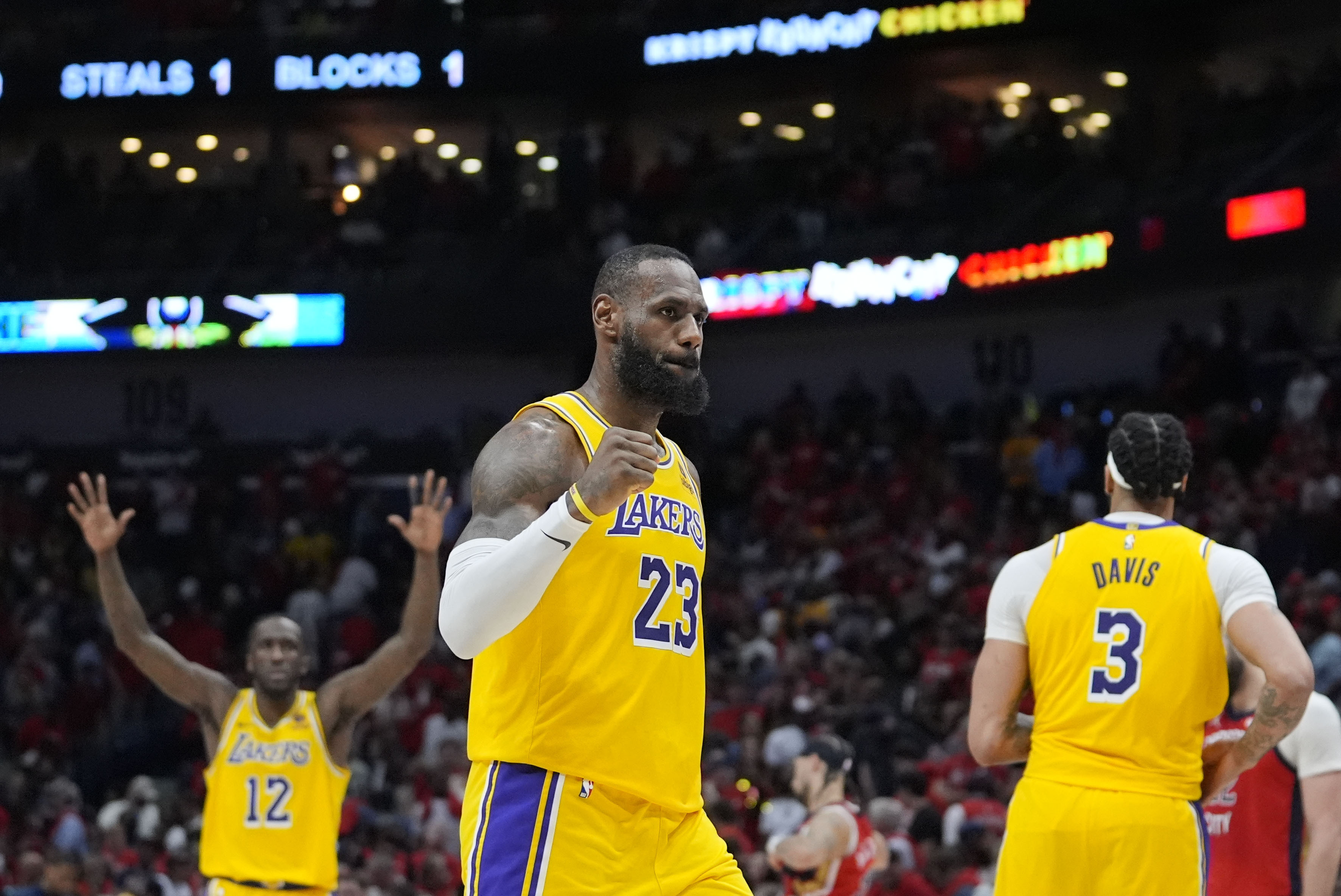 Los Angeles Lakers forward LeBron James (23) reacts late in the second half of an NBA basketball play-in tournament game against the New Orleans Pelicans Tuesday, April 16, 2024, in New Orleans. The Lakers won 110-106. (AP Photo/Gerald Herbert)