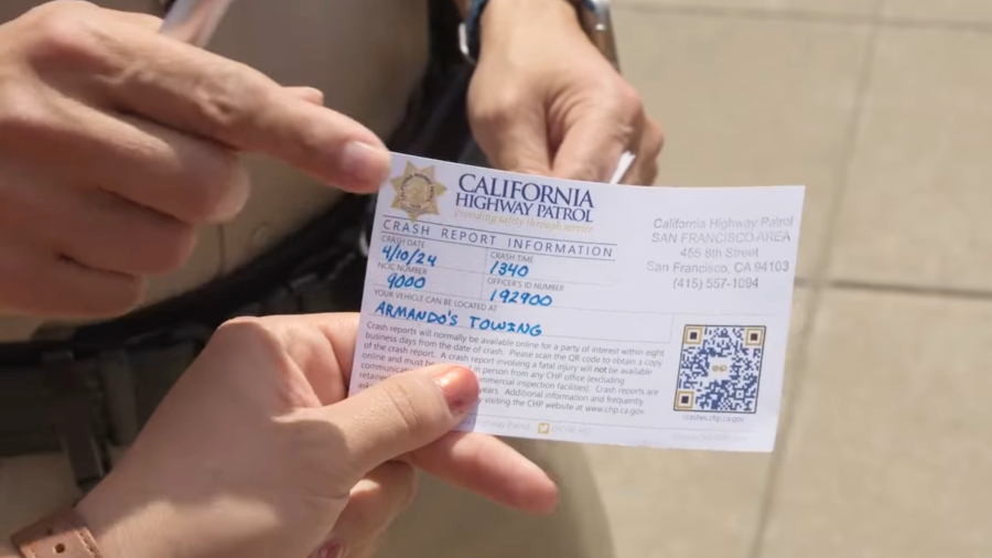 A crash card is seen in an image taken from video shared by the California Highway Patrol via Instagram.