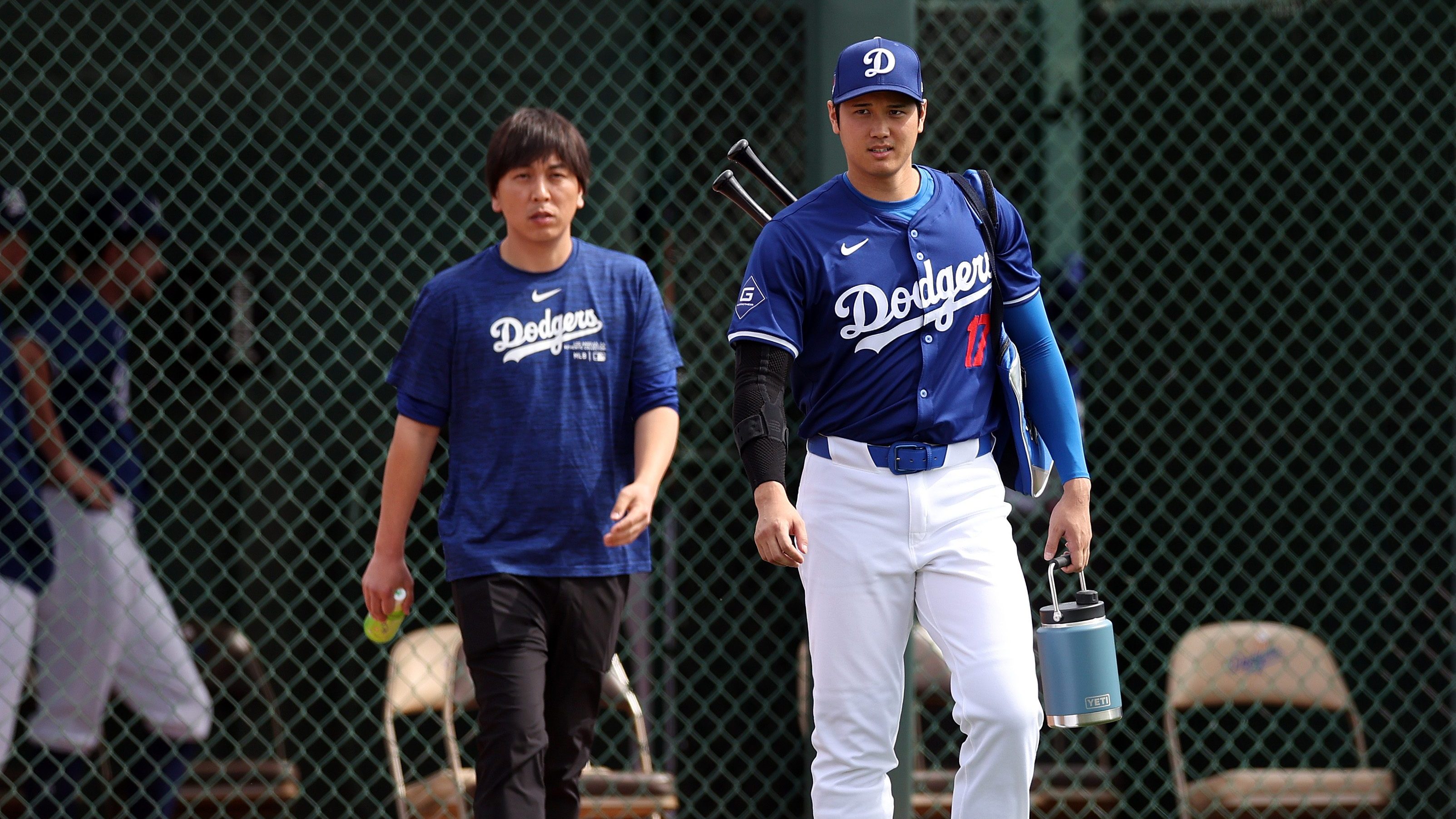 Ippei Mizuhara, former interpreter for Shohei Ohtani of the Los Angeles Dodgers, is photographed alongside the MLB star prior to a game against the Chicago White Sox at Camelback Ranch on February 27, 2024 in Glendale, Arizona. (Getty Images)