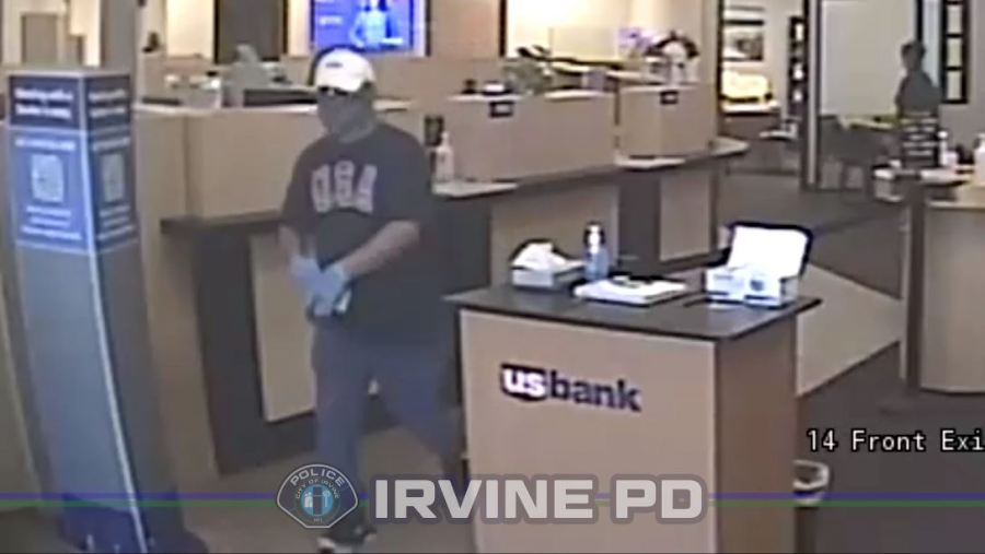 A male suspect seen on surveillance cameras robbing a bank in Irvine on April 2, 2024 (Irvine Police Department)