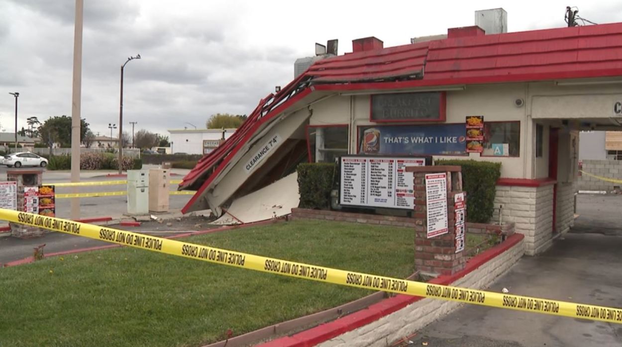 The major destruction caused after a DUI driver crashed into a police car, sending it crashing in Art's Burgers in El Monte on April 11, 2024. (KTLA)