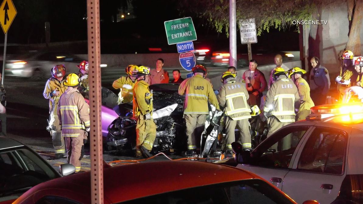 Four juveniles in a stolen vehicle were hospitalized after crashing in Boyle Heights during a pursuit on April 23, 2024. (OnScene.TV)