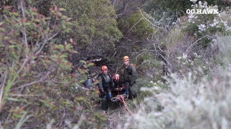 Crews descended down a Malibu cliffside after a driver was killed in a crash on April 3, 2024. (OC Hawk)