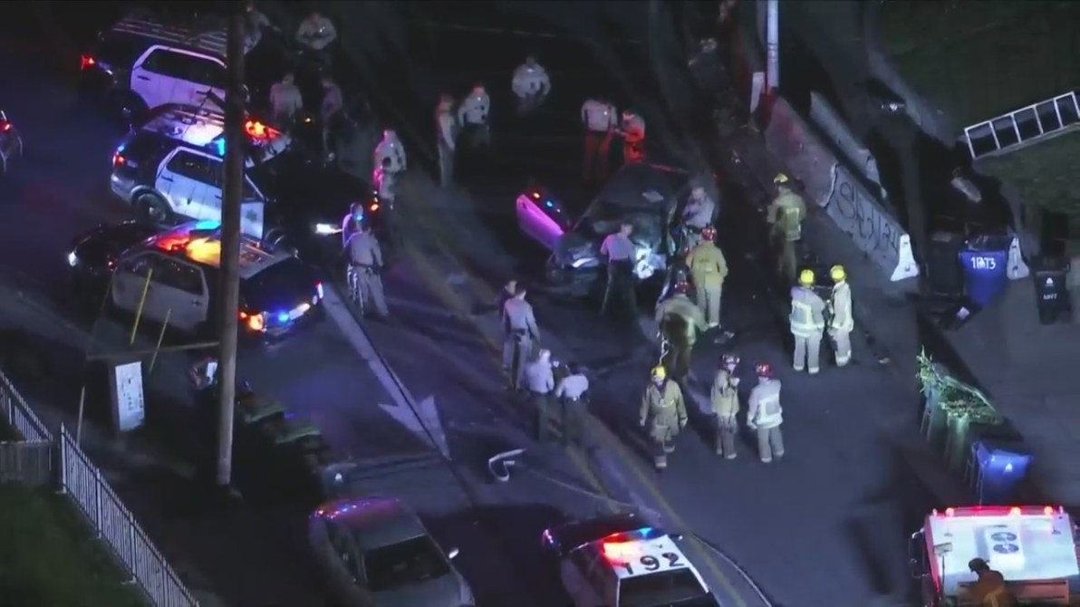 Four juveniles in a stolen vehicle were hospitalized after crashing in Boyle Heights during a pursuit on April 23, 2024. (KTLA)