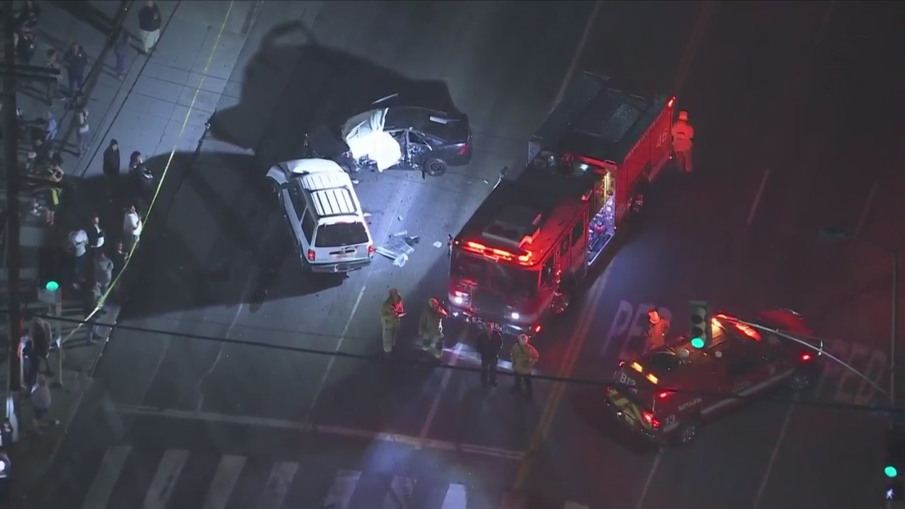 One person was killed and two others, including a young boy, were hospitalized after a suspected hit-and-run crash in South Los Angeles on April 11, 2024. (KTLA)