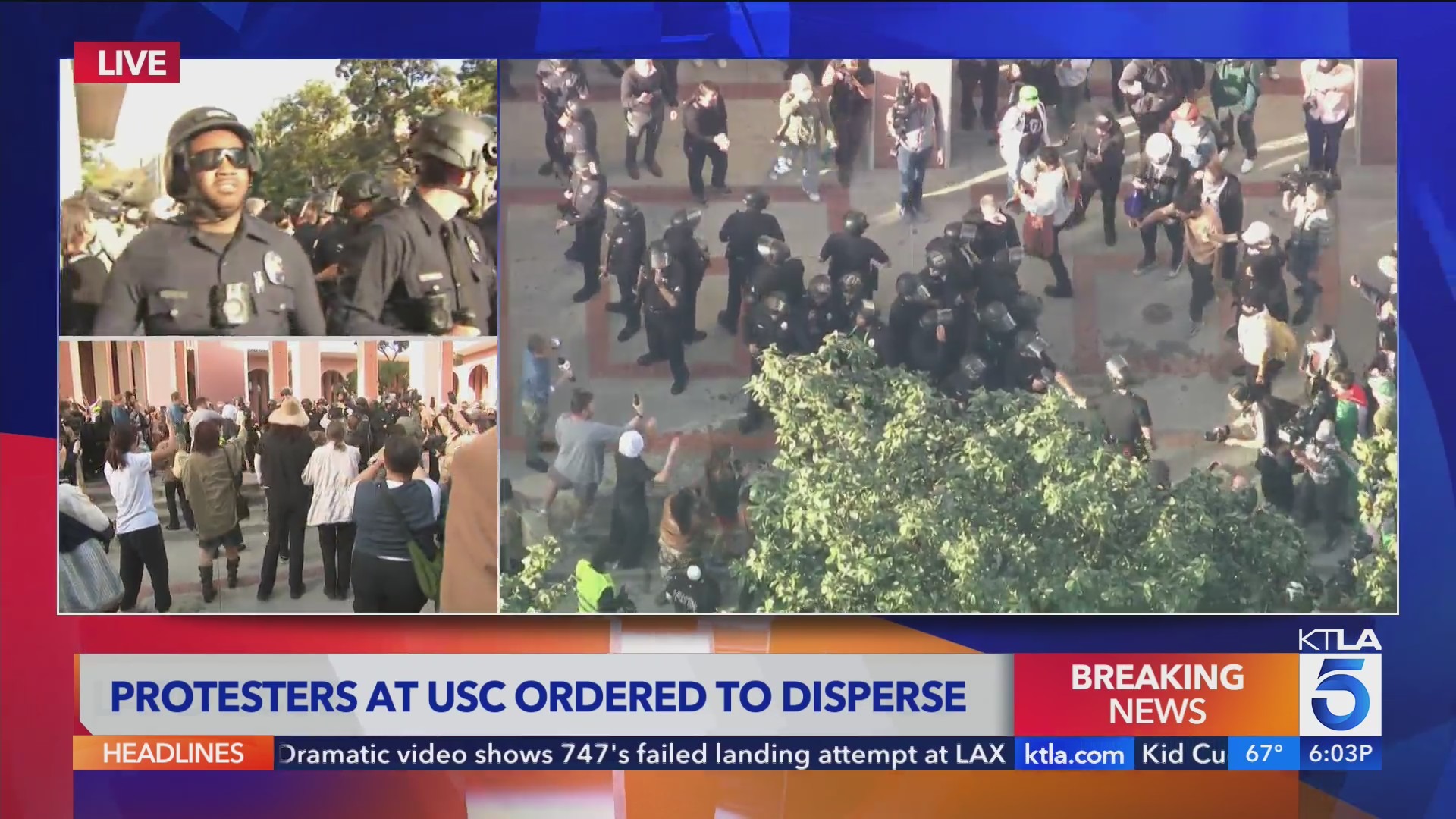 Police in riot gear dispersing pro-Palestinian demonstrators at the University of Southern California on April 24, 2024. (KTLA)