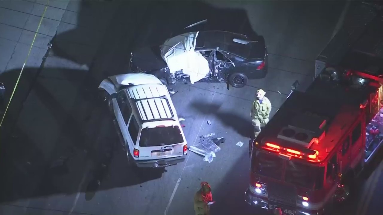 One person was killed and two others, including a young boy, were hospitalized after a suspected hit-and-run crash in South Los Angeles on April 11, 2024. (KTLA)