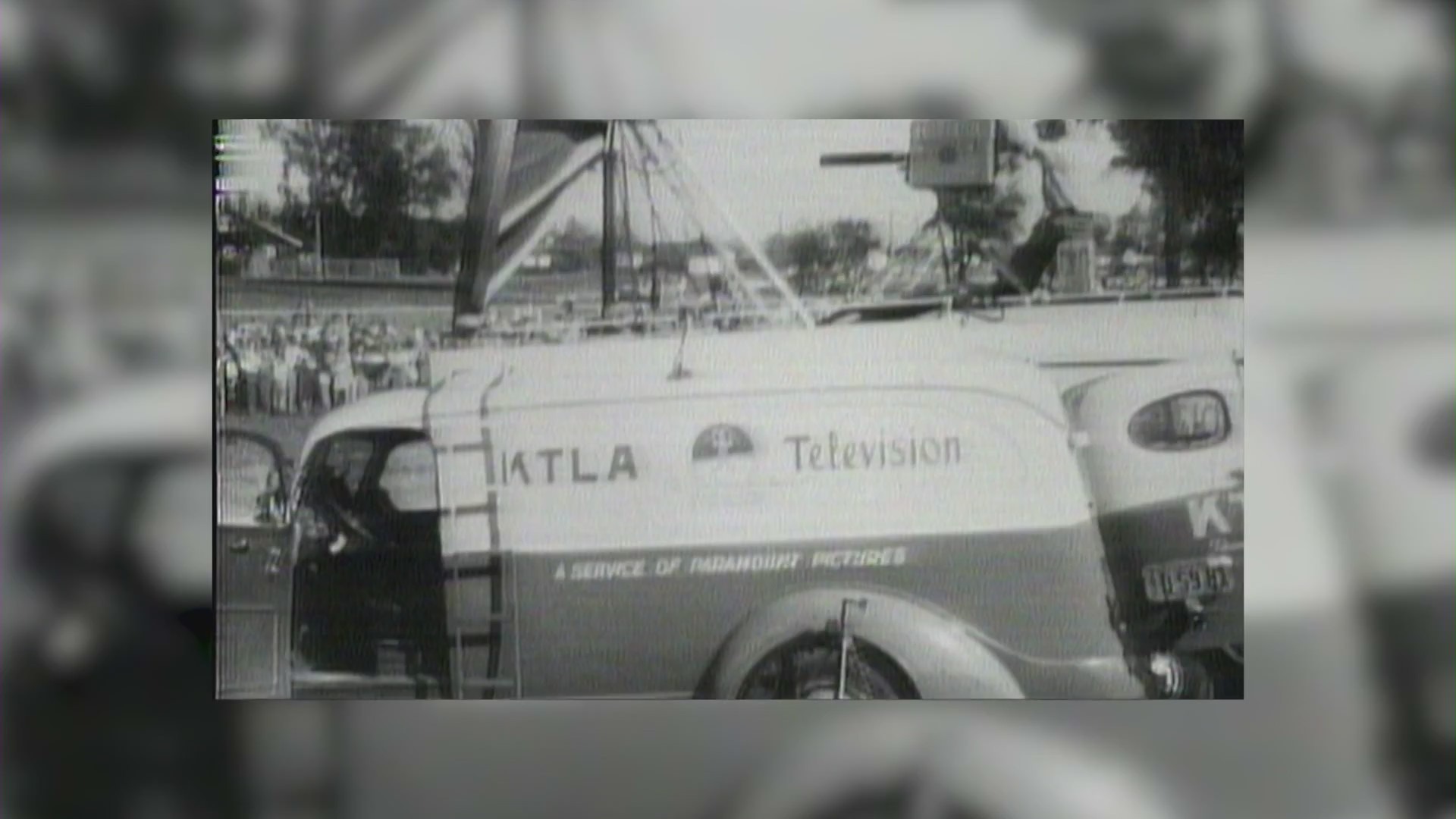 KTLA news vans at the scene of the Kathy Fiscus rescue in San Marino, California in April 1949. (KTLA)