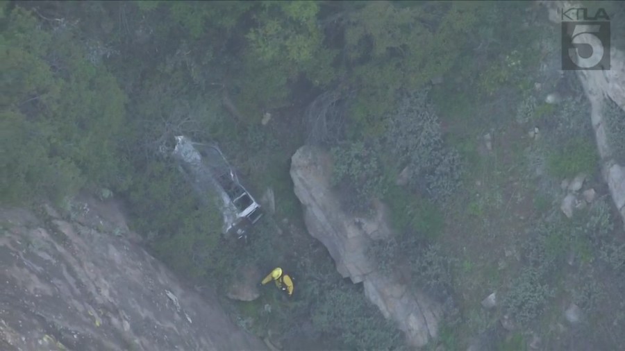 One person was killed after a vehicle crashed off a cliffside in Malibu on April 3, 2024. (KTLA)