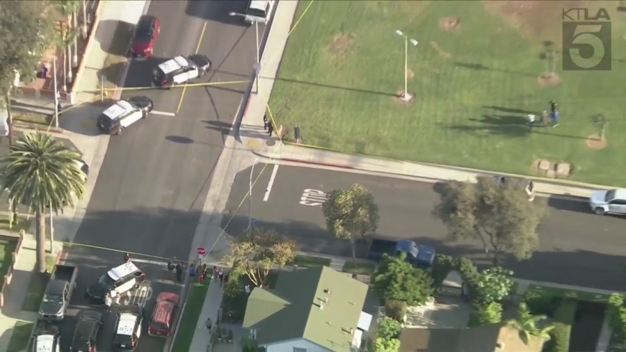 Portions of a Long Beach park cordoned off after a male suspect with a gun was shot and killed by officers on April 17, 2024. (KTLA)