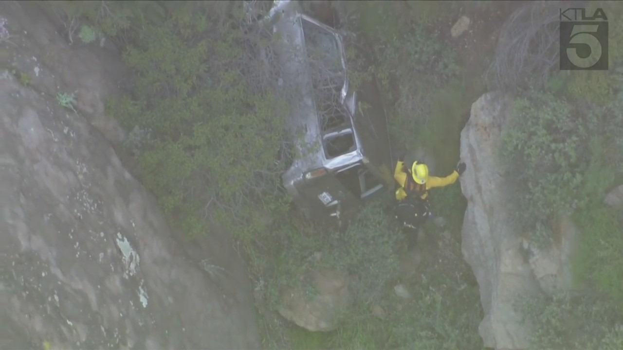 One person was killed after a vehicle crashed off a cliffside in Malibu on April 3, 2024. (KTLA)