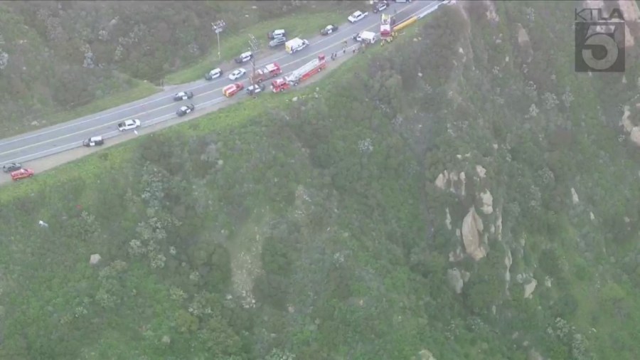 One person was killed after a vehicle crashed off a cliffside in Malibu on April 3, 2024. (KTLA)