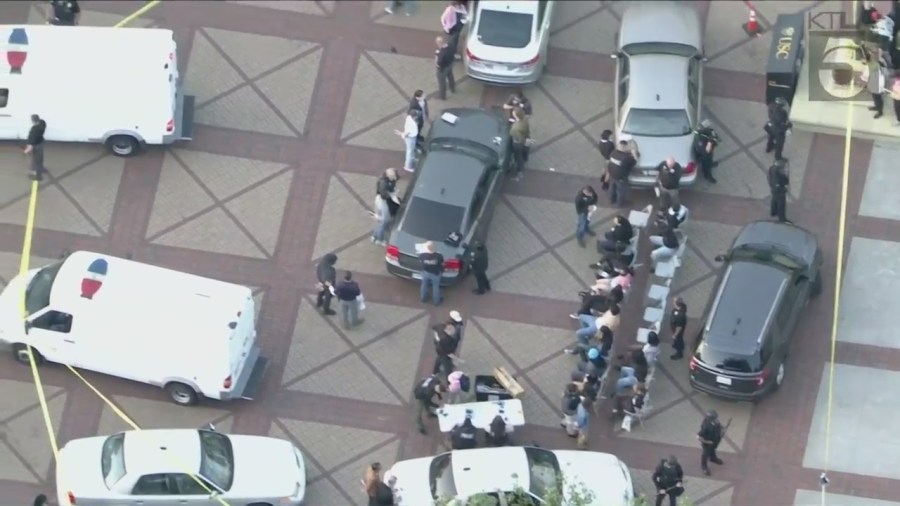 Dozens of demonstrators being detained and arrested during a pro-Palestinian protest at USC on April 24, 2024. (KTLA)