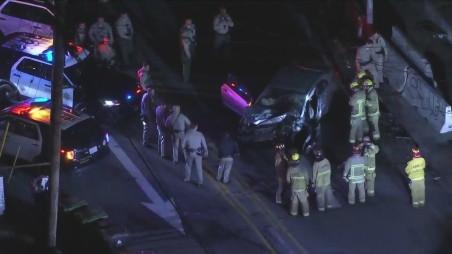 Four juveniles in a stolen vehicle were hospitalized after crashing in Boyle Heights during a pursuit on April 23, 2024. (KTLA)