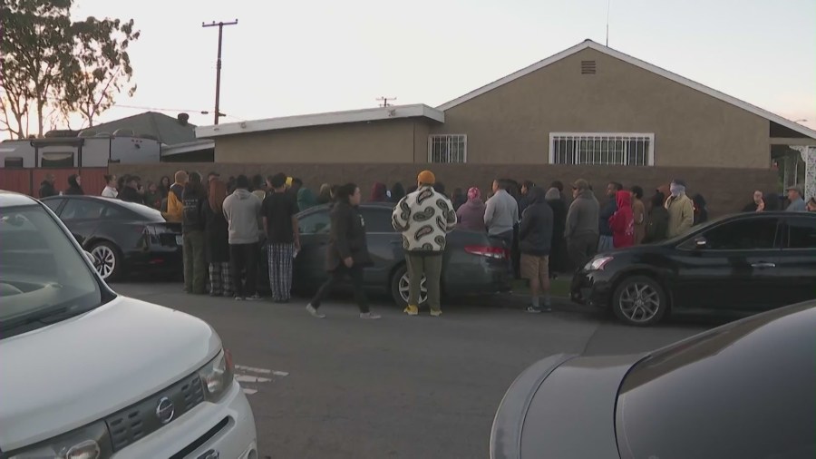 Friends, family and community members gathered on April 5, 2024 to honor Mario Morales-Moreno who was shot and killed outside his Long Beach home. (KTLA)