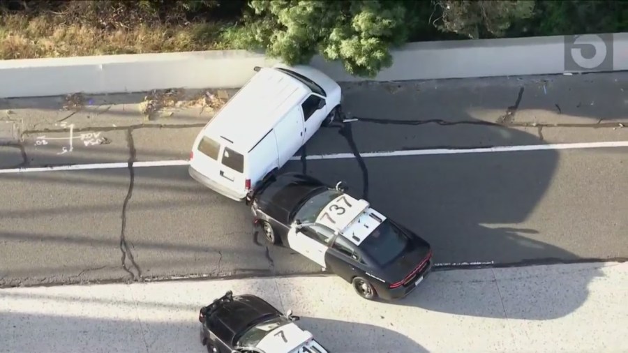 The second PIT maneuver after the suspect drove away on the 91 Freeway was successful. (KTLA)