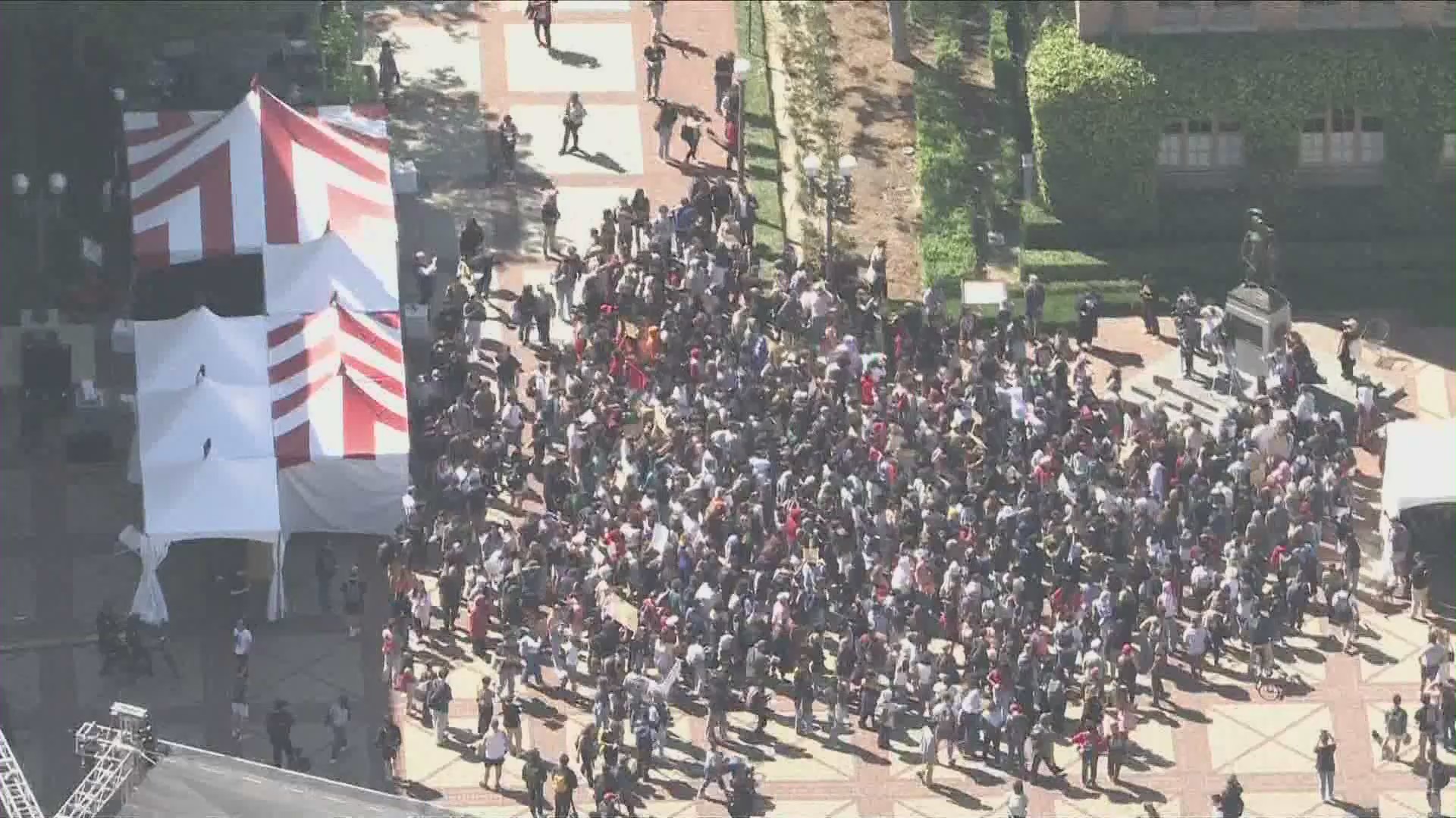 Hundreds of students and community members marched through USC's campus in support of Asna Tabassum's right to speak on April 18, 2024. (KTLA)