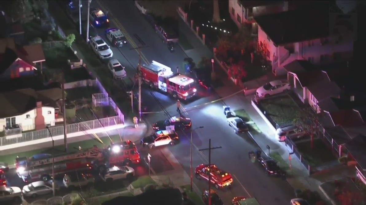 Four juveniles in a stolen vehicle were hospitalized after crashing in Boyle Heights during a pursuit on April 23, 2024. (KTLA)