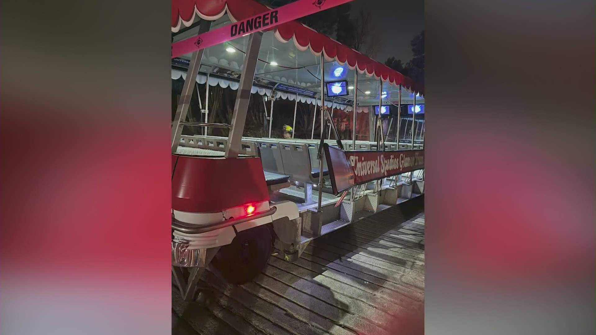 The damage to a Universal Studios Hollywood tram car after crashing into a metal guardrail during a backlot studio tour on April 20, 2024.