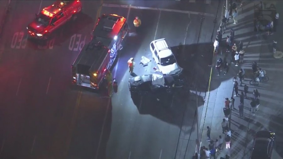 One person was killed and two others, including a young boy, were hospitalized after a suspected hit-and-run crash in South Los Angeles on April 11, 2024. (KTLA)