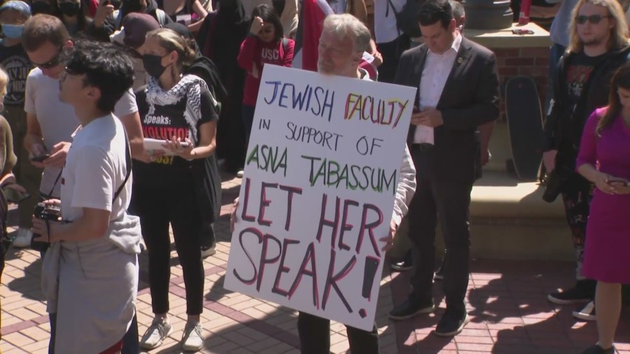 Hundreds of students and community members marched through USC's campus in support of Asna Tabassum's right to speak on April 18, 2024. (KTLA)