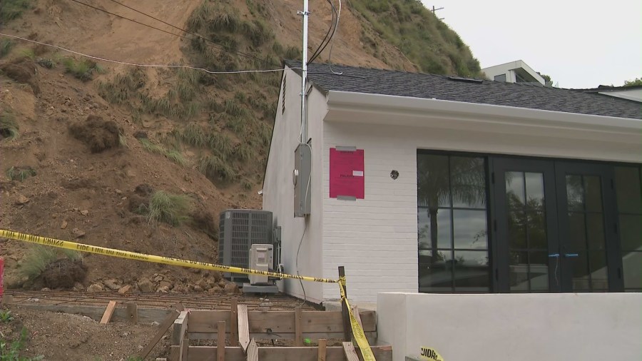 A Hollywood Hills home was partially buried by a large landslide on April 4, 2024. (KTLA)