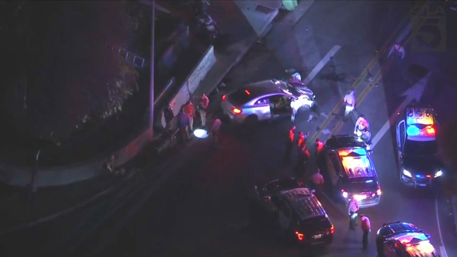 Four juveniles in a stolen vehicle were hospitalized after crashing in Boyle Heights during a pursuit on April 23, 2024. (KTLA)