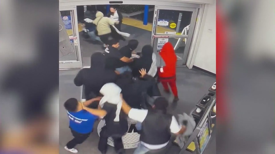 Store employees and security guards struggling to stop the violent flash robbery crew from ransacking a WSS shoe store in Los Angeles. (Los Angeles Police Department)