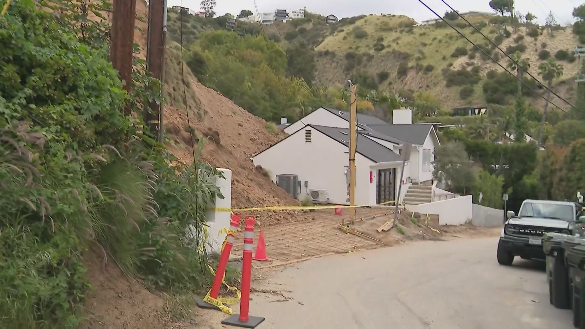 A Hollywood Hills home was partially buried by a large landslide on April 4, 2024. (KTLA)