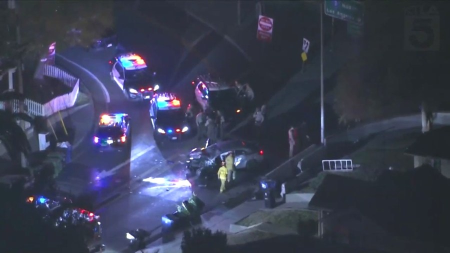 Four juveniles in a stolen vehicle were hospitalized after crashing in Boyle Heights during a pursuit on April 23, 2024. (KTLA)