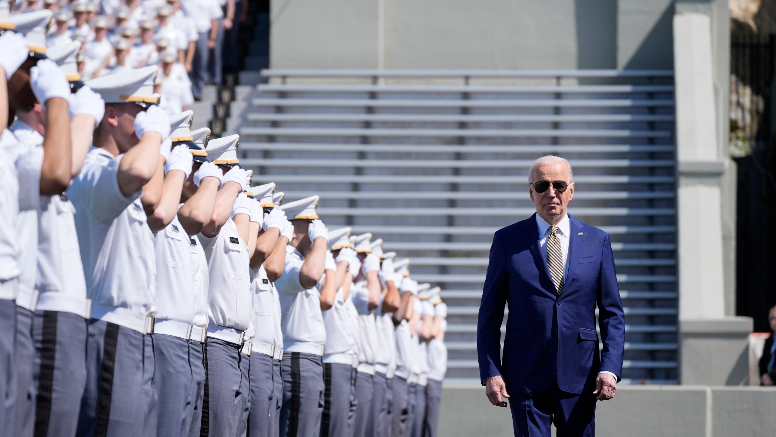 President Joe Biden walks to speak to graduating cadets at the U.S. Military Academy commencement ceremony, Saturday, May 25, 2024, in West Point, N.Y. (AP Photo/Alex Brandon)