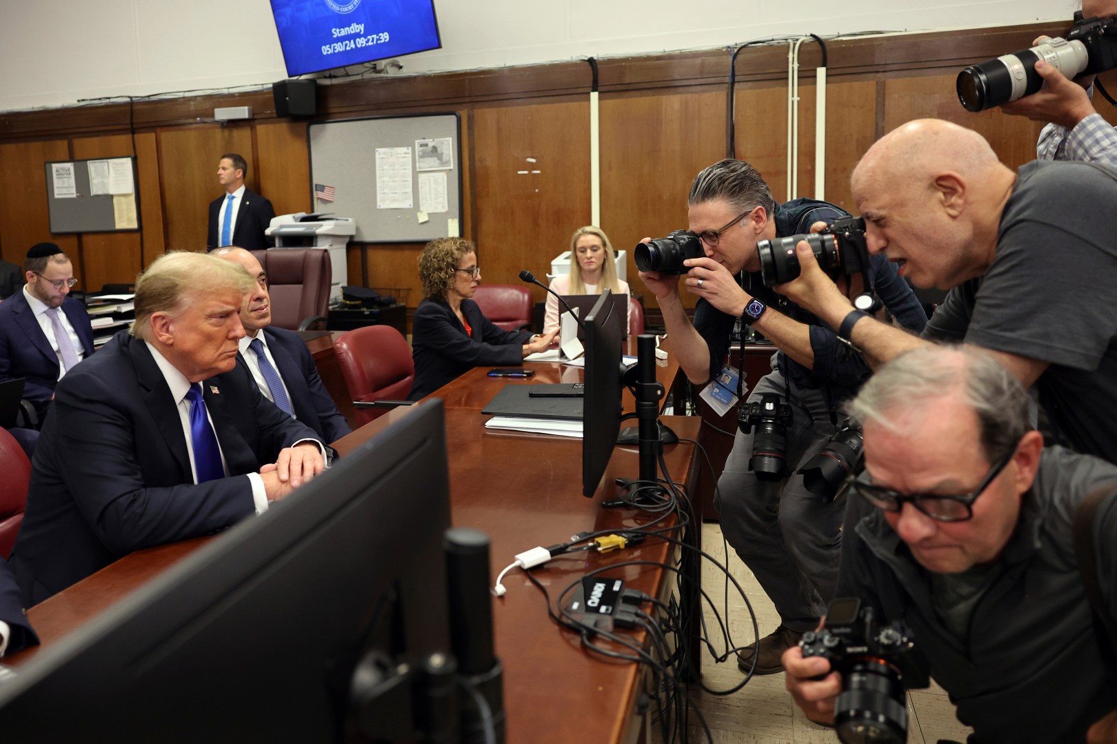 Former President Donald Trump appears at Manhattan criminal court during jury deliberations in his criminal hush money trial in New York, Thursday, May 30, 2024. (Michael M. Santiago/Pool Photo via AP)