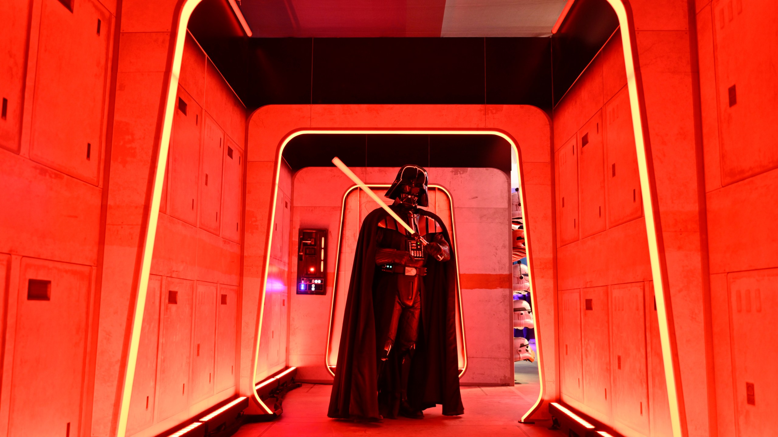 A Darth Vader costumed character poses at the Hasbro and Amazon Star Wars interactive Imperial March experience at the Empire State Building on Thursday, March 21, 2024, in New York. (Photo by Evan Agostini/Invision/AP)