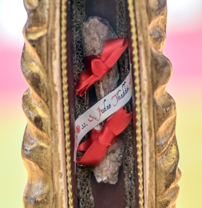 The relic of St. Jude Thaddeus on display at Santiago de Compostela Catholic Church in Lake Forest, CA, on Monday, April 29, 2024.