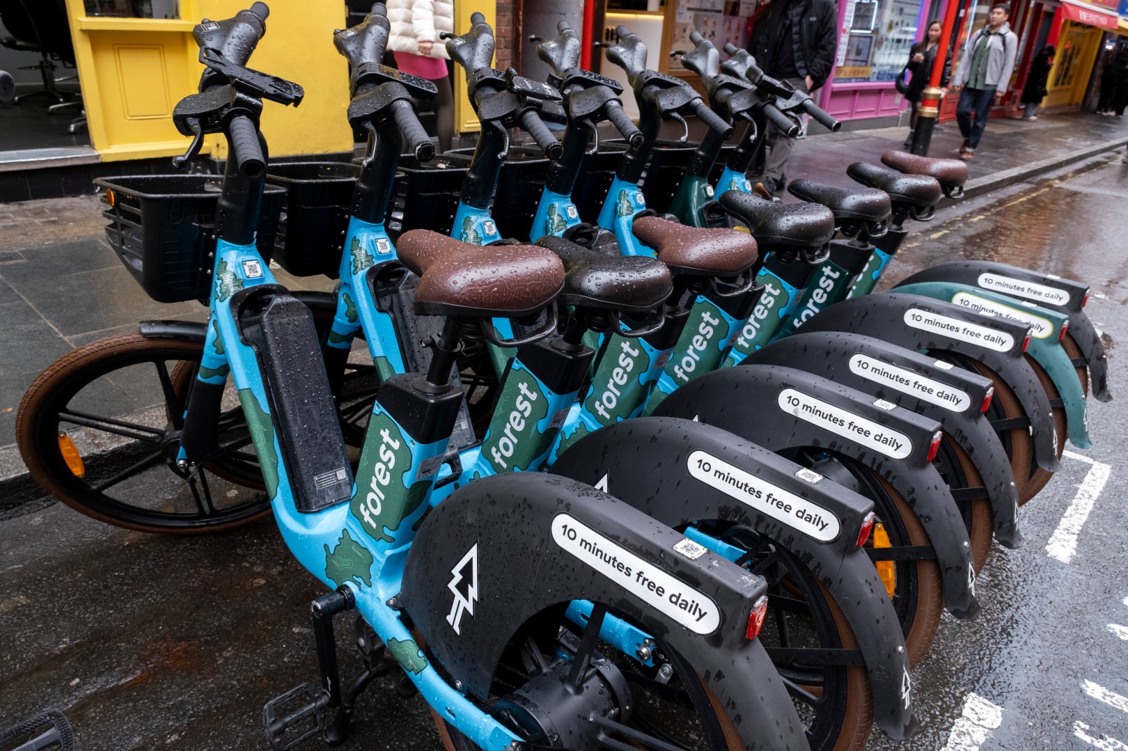 Line of Human Forest Ebikes on 6th May 2024 in London, United Kingdom. Cycling is a very popular mode of transport in the capital as people try to avoid public transport, saving money, getting fit and saving time. (photo by Mike Kemp/In Pictures via Getty Images)