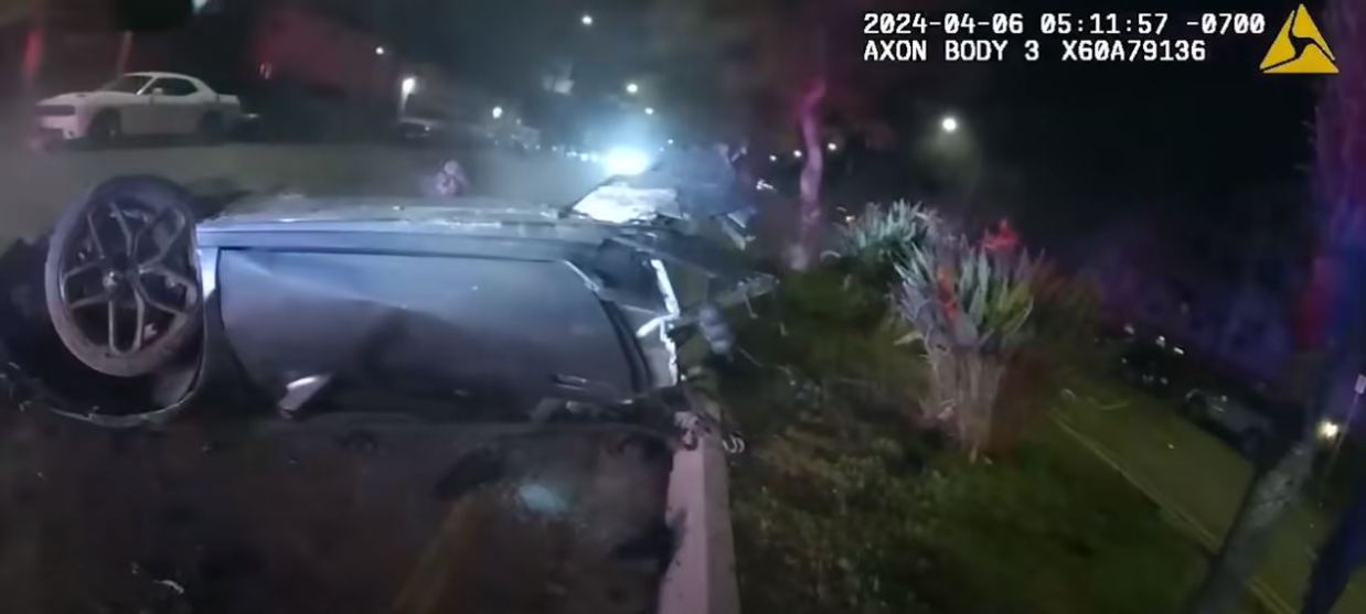 The suspect crashes into a center median at speeds of over 100 miles per hour, slipping the car in half and killing the driver on impact on April 6, 2024. (Los Angeles Police Department)