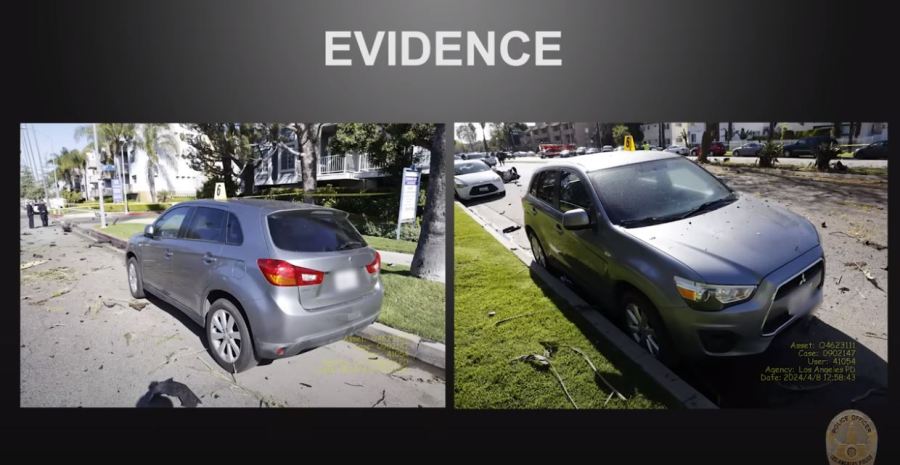 Nearby parked cars were damaged by the debris propelled during the high-speed crash. (Los Angeles Police Department)