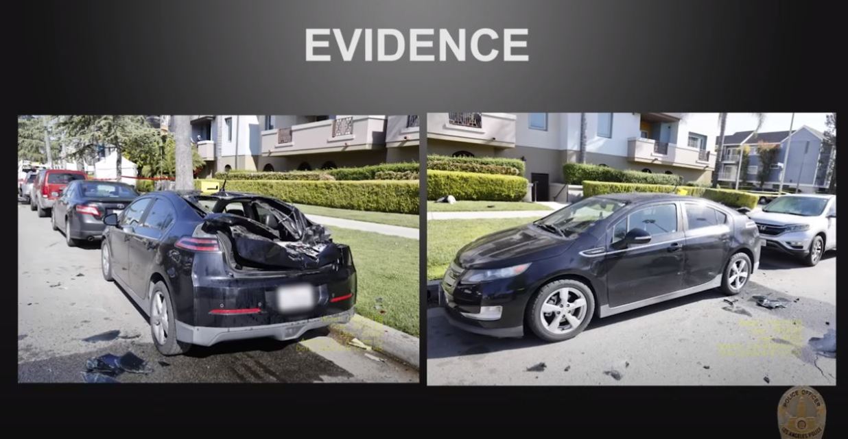 Nearby parked cars were damaged by the debris propelled during the high-speed crash. (Los Angeles Police Department)