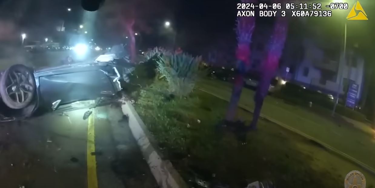 The suspect crashes into a center median at speeds of over 100 miles per hour, slipping the car in half and killing the driver on impact on April 6, 2024. (Los Angeles Police Department)